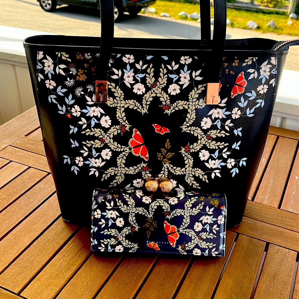Ted Baker Navy Blue Floral Handbag with Matching wallet